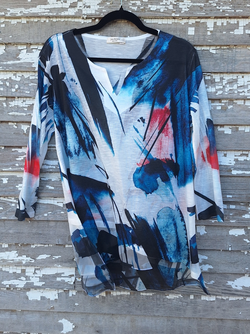 Artistic Brushstroke V-Neck Tunic Top by jess & jane in Blue, White and Red